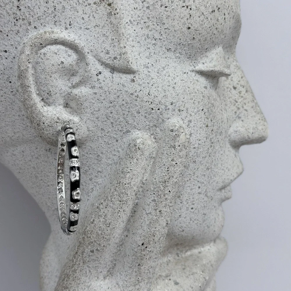 Lauren G Adams Large Enamel Hoop Earrings Black CZ's Silver Tone Metal Pierced